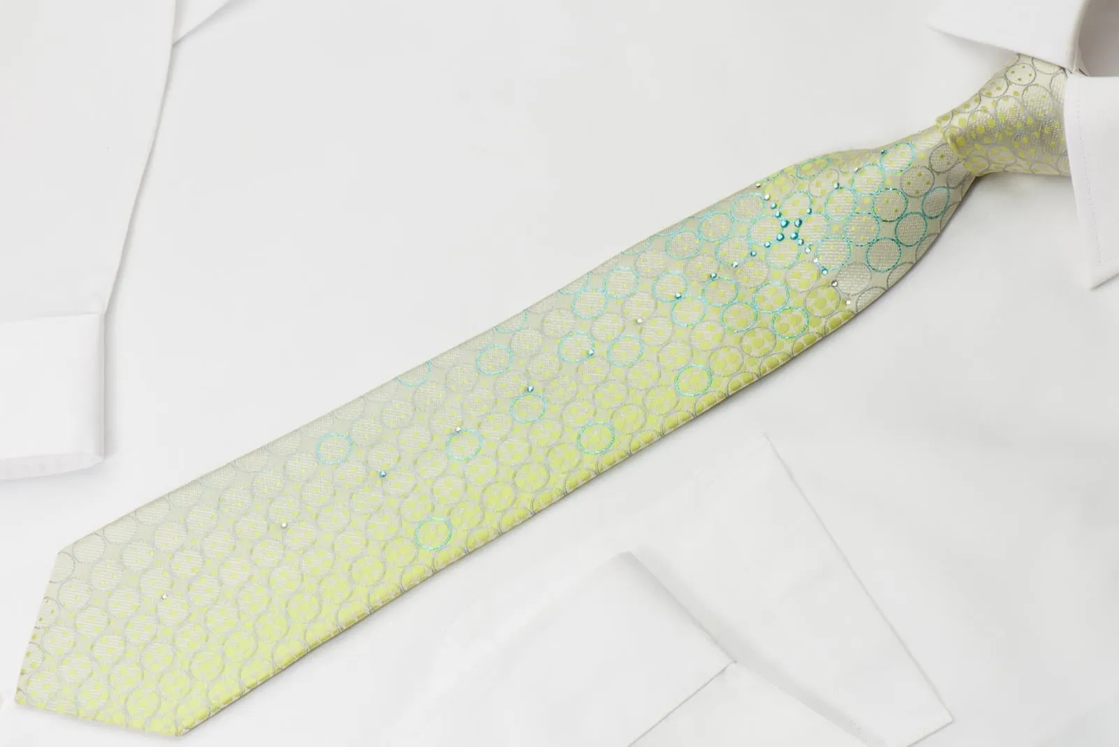 Harris Tone Rhinestone Silk Necktie Silver Geometric Design On Green With Sparkles