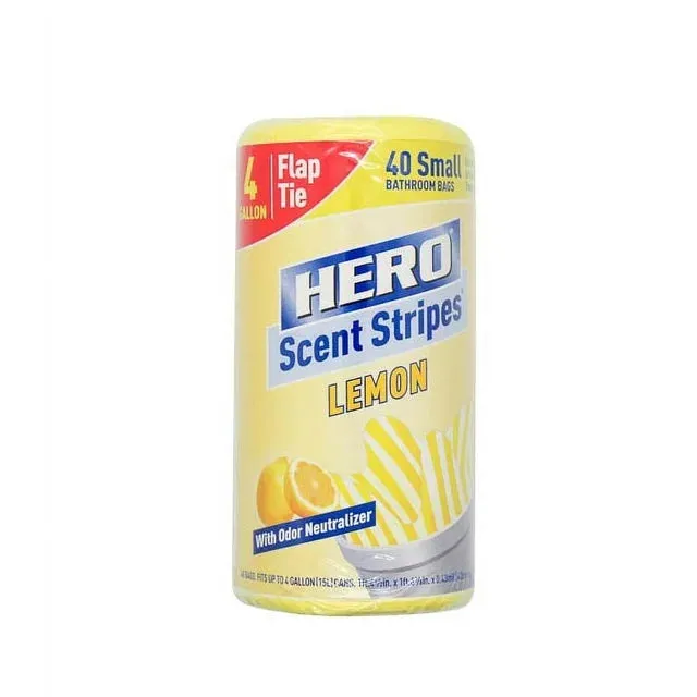 Hero Small Trash Bags, 4 Gallon, 40 Bags (Lemon Scent), Odor Neutralizer, Flap Ties