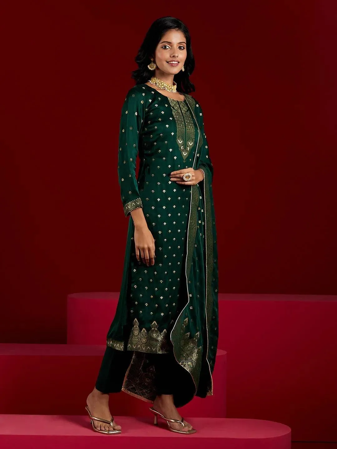 Libas Art Green Woven Design Silk Straight Suit With Dupatta