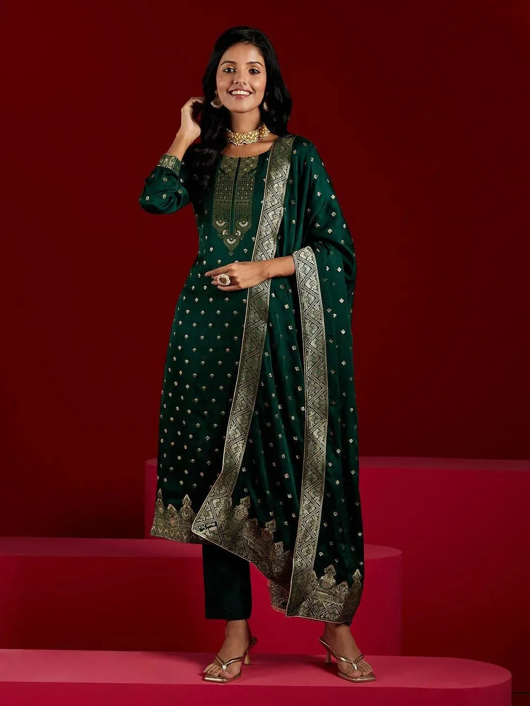Libas Art Green Woven Design Silk Straight Suit With Dupatta