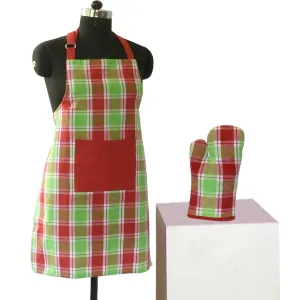 Lushomes Red and Green Checks Kitchen Cooking Apron Set for Women (2 Pc Set, Oven Glove 17 x 32 cm, Apron 60 x 80cms)