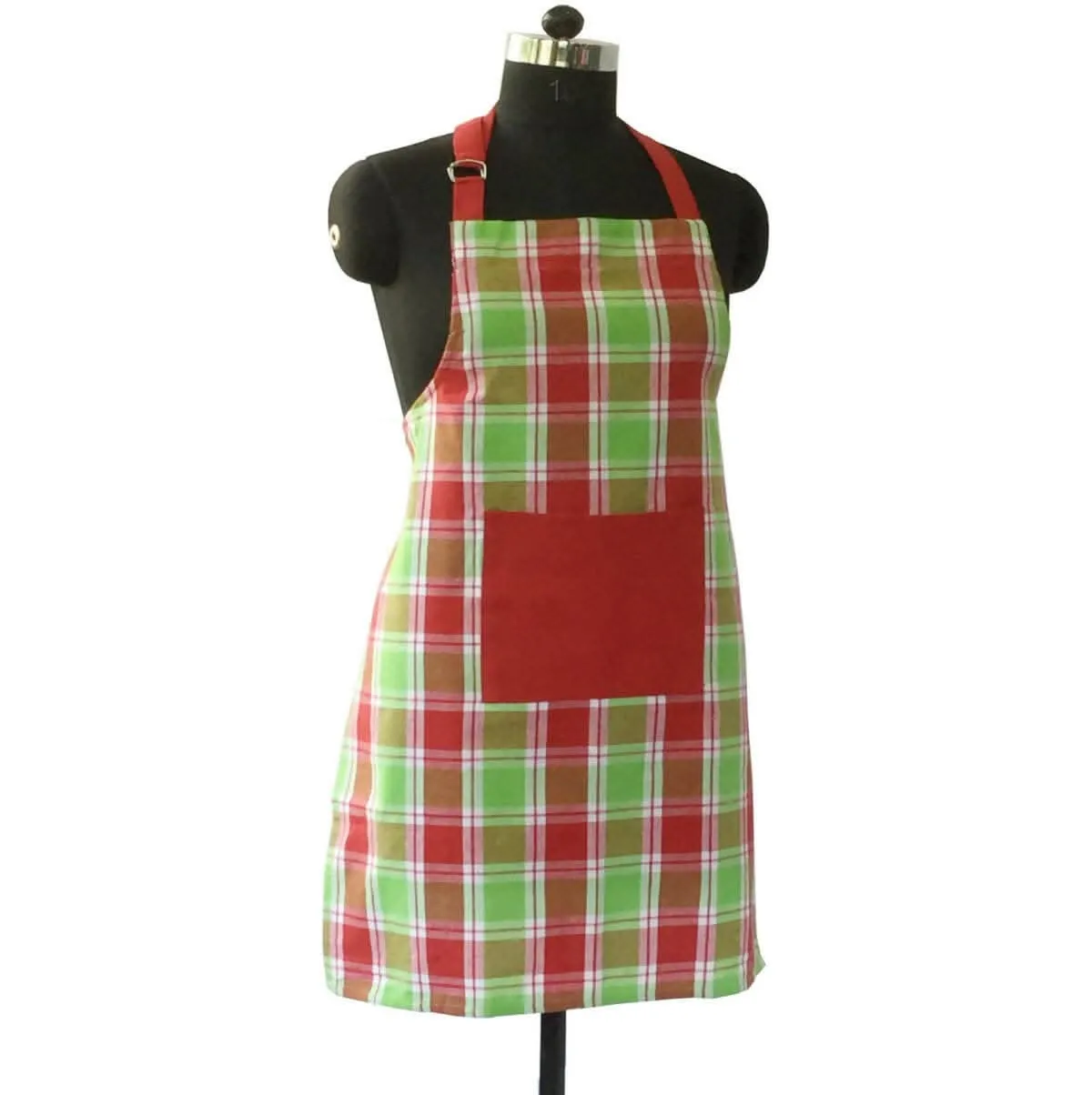 Lushomes Red and Green Checks Kitchen Cooking Apron Set for Women (2 Pc Set, Oven Glove 17 x 32 cm, Apron 60 x 80cms)