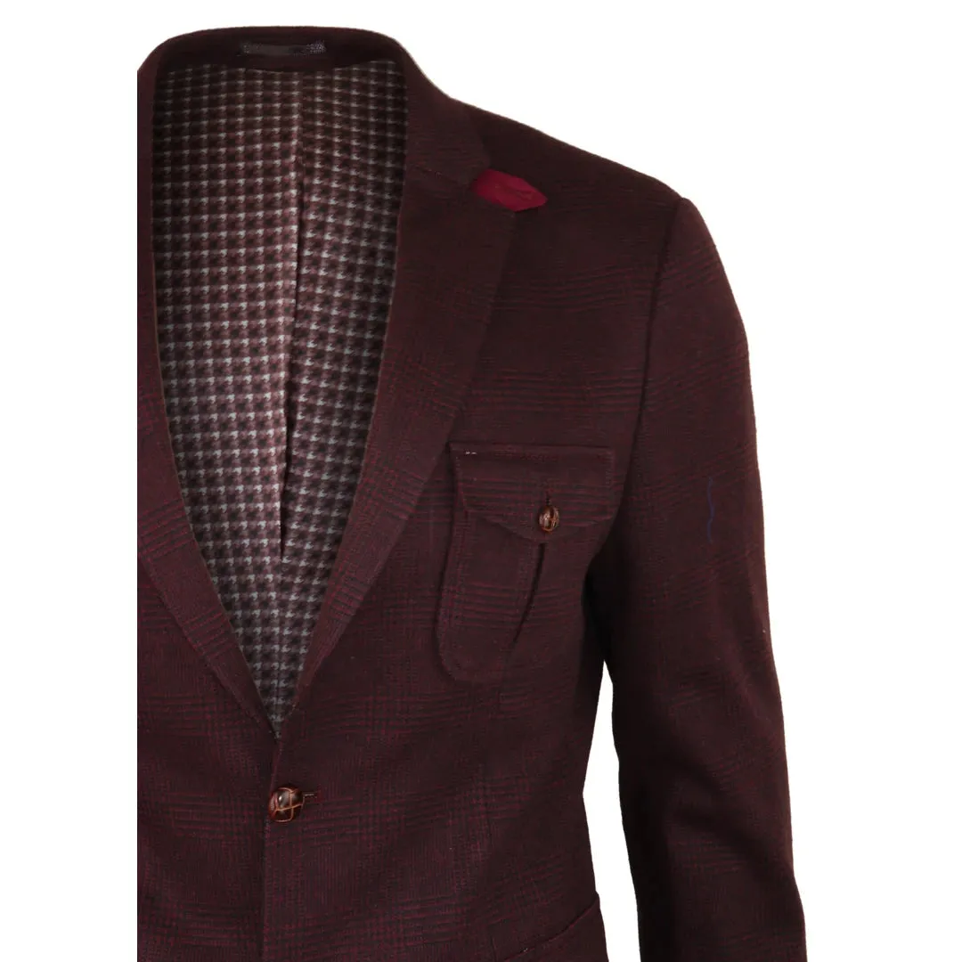 Men's Wool Tweed Jacket Hunting Blazer Check Elbow Patch Wine