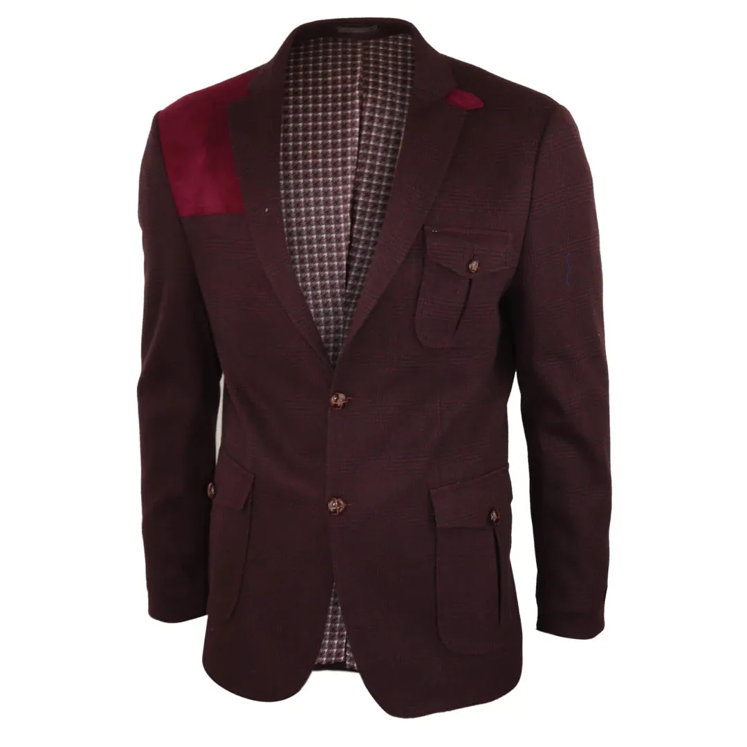Men's Wool Tweed Jacket Hunting Blazer Check Elbow Patch Wine