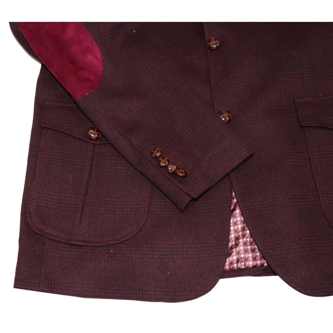 Men's Wool Tweed Jacket Hunting Blazer Check Elbow Patch Wine