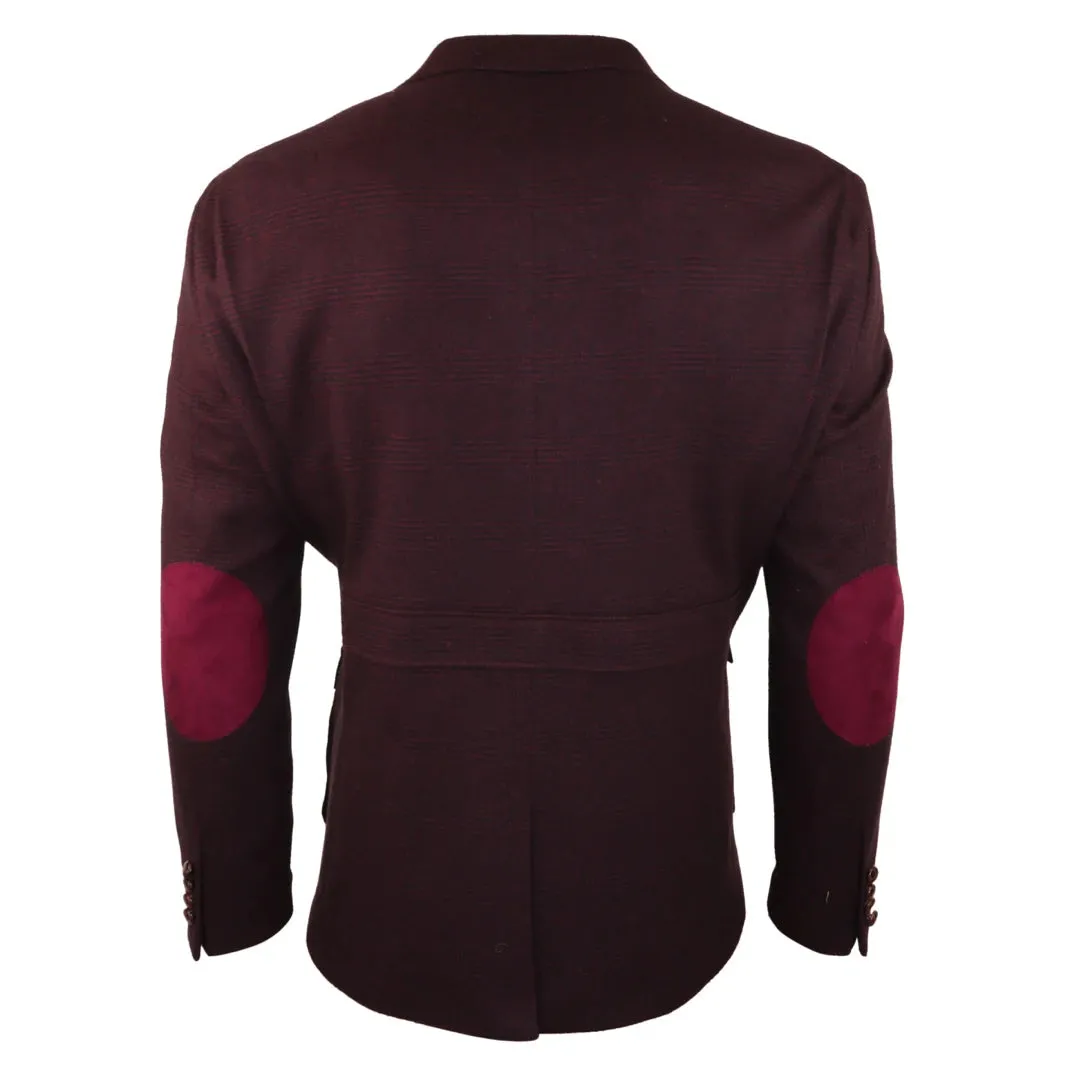 Men's Wool Tweed Jacket Hunting Blazer Check Elbow Patch Wine