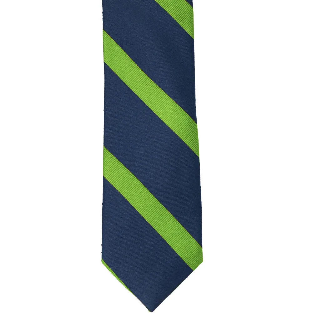 Navy Blue and Grass Green Striped Cotton/Silk Slim Necktie, 2.5" Width