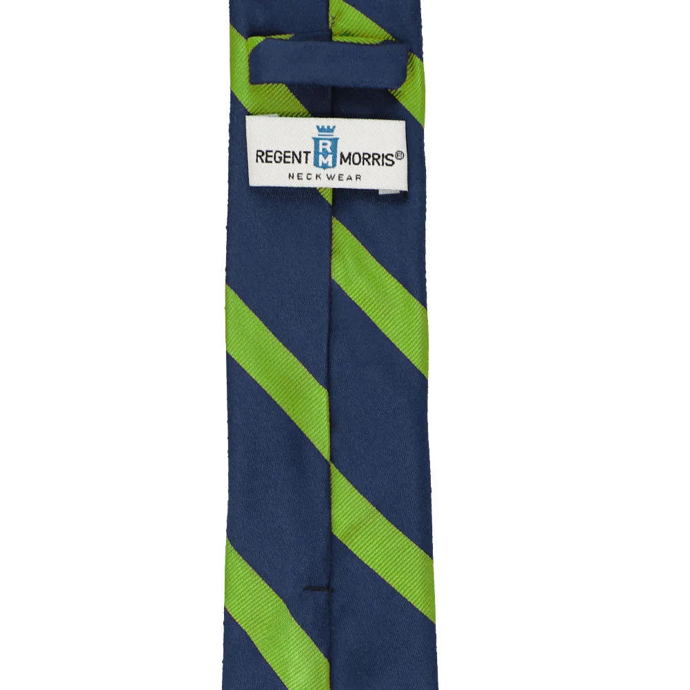 Navy Blue and Grass Green Striped Cotton/Silk Slim Necktie, 2.5" Width