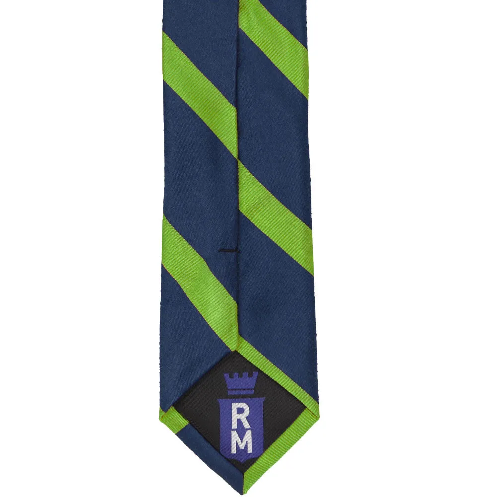 Navy Blue and Grass Green Striped Cotton/Silk Slim Necktie, 2.5" Width