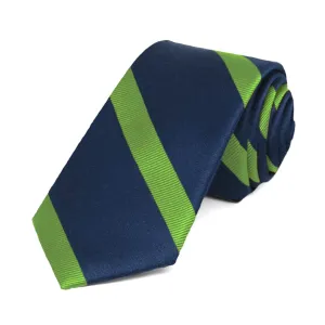 Navy Blue and Grass Green Striped Cotton/Silk Slim Necktie, 2.5" Width