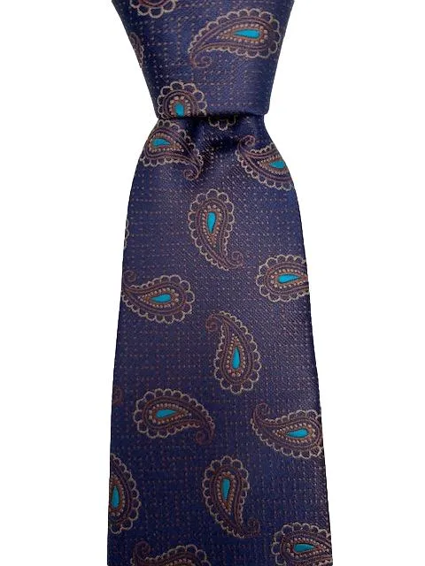Navy Blue, Brown and Turquoise Paisley Extra Long Tie