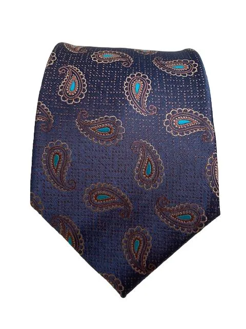 Navy Blue, Brown and Turquoise Paisley Extra Long Tie