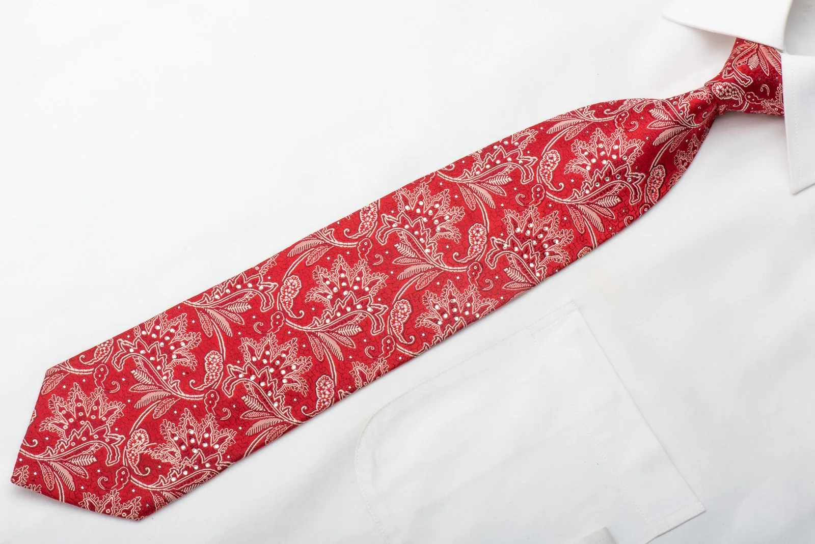 Nina Ricci Men's Silk Necktie Anthemion On Red Sparkling With Rhinestones