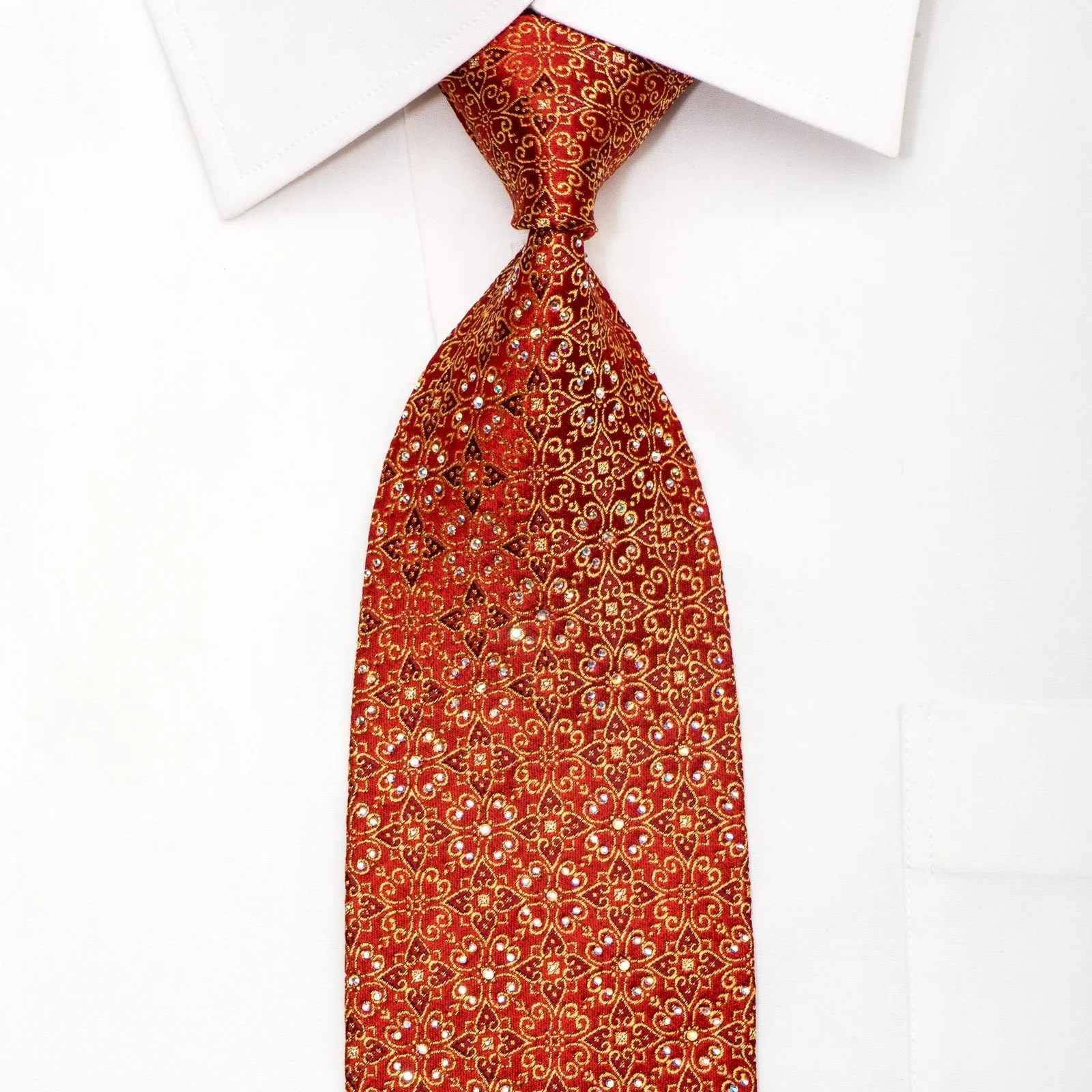 Paco Rabanne Men's Silk Necktie Golden Filigree Floral On Red Sparkling With Rhinestones