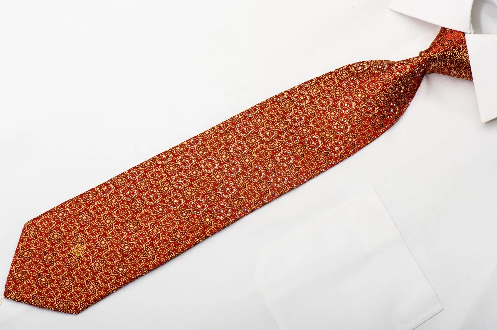 Paco Rabanne Men's Silk Necktie Golden Filigree Floral On Red Sparkling With Rhinestones