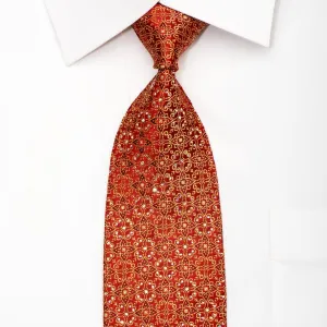 Paco Rabanne Men's Silk Necktie Golden Filigree Floral On Red Sparkling With Rhinestones