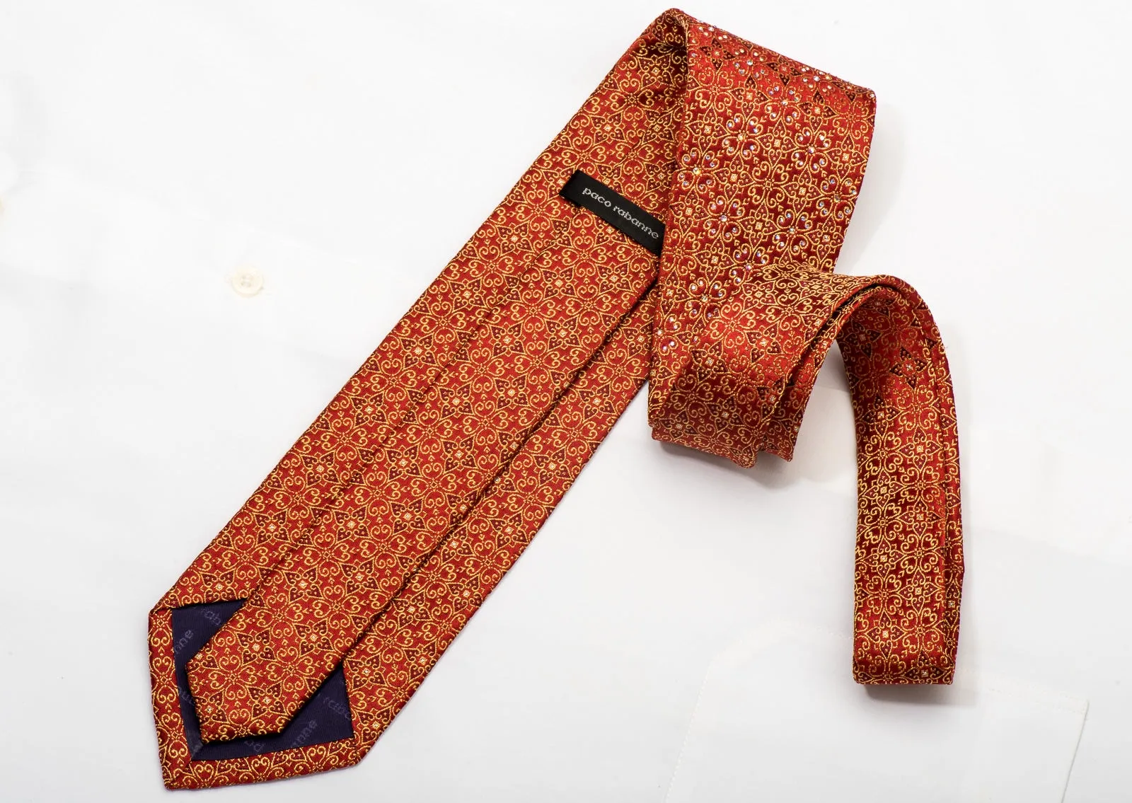 Paco Rabanne Men's Silk Necktie Golden Filigree Floral On Red Sparkling With Rhinestones