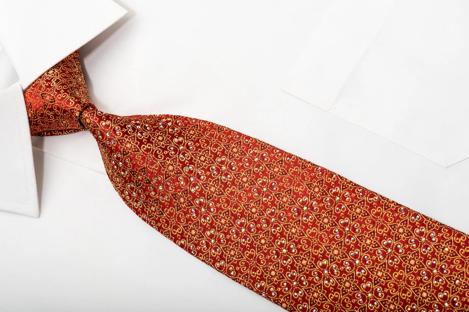 Paco Rabanne Men's Silk Necktie Golden Filigree Floral On Red Sparkling With Rhinestones