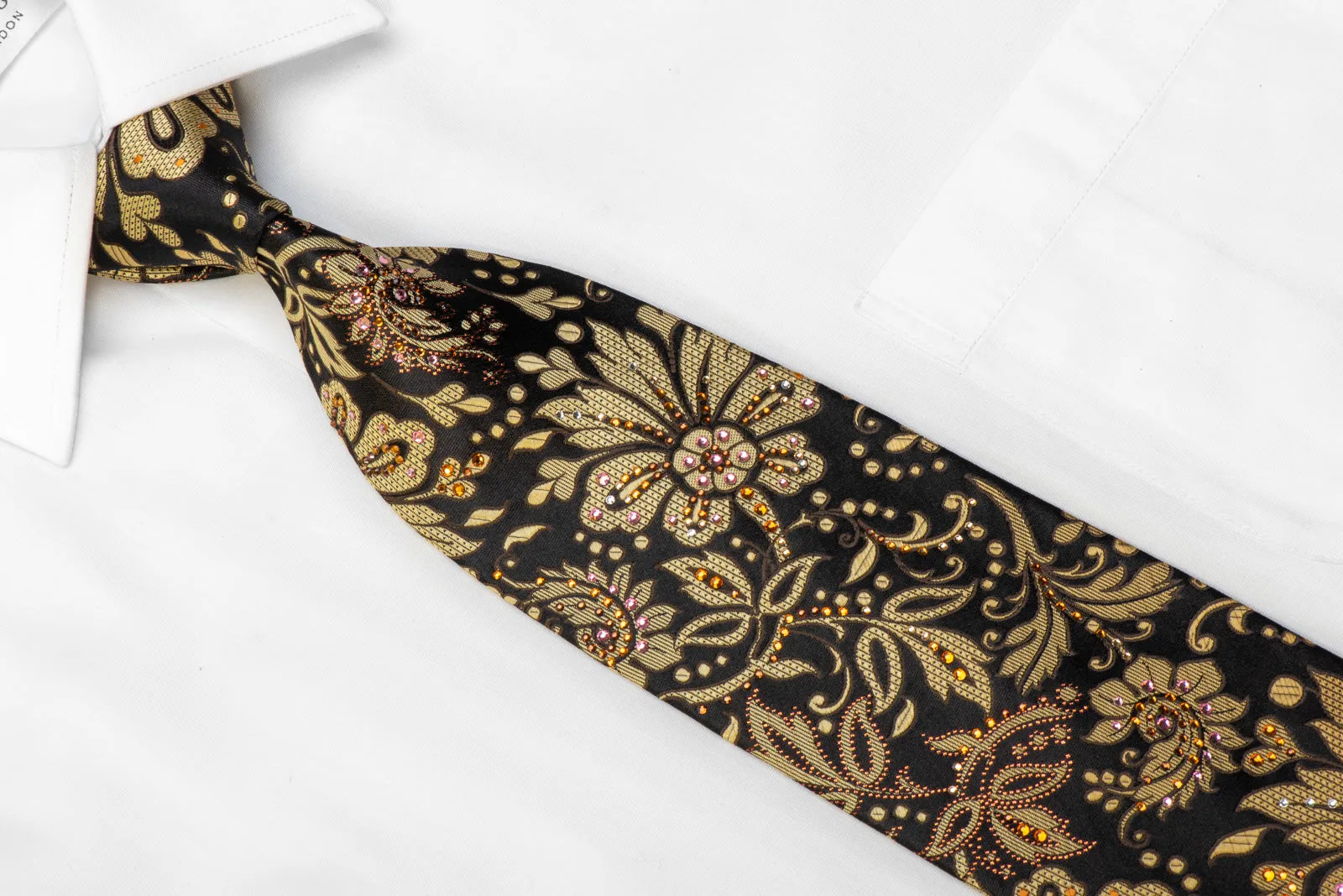 Paco Rabanne Rhinestone Silk Necktie Gold Anthemion Floral On Black With Sparkles