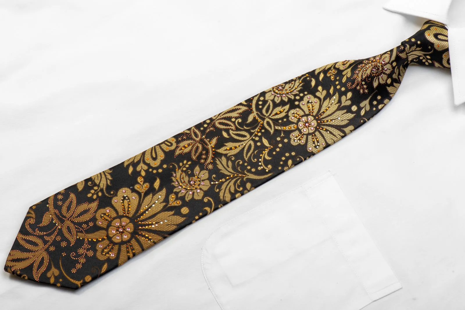 Paco Rabanne Rhinestone Silk Necktie Gold Anthemion Floral On Black With Sparkles