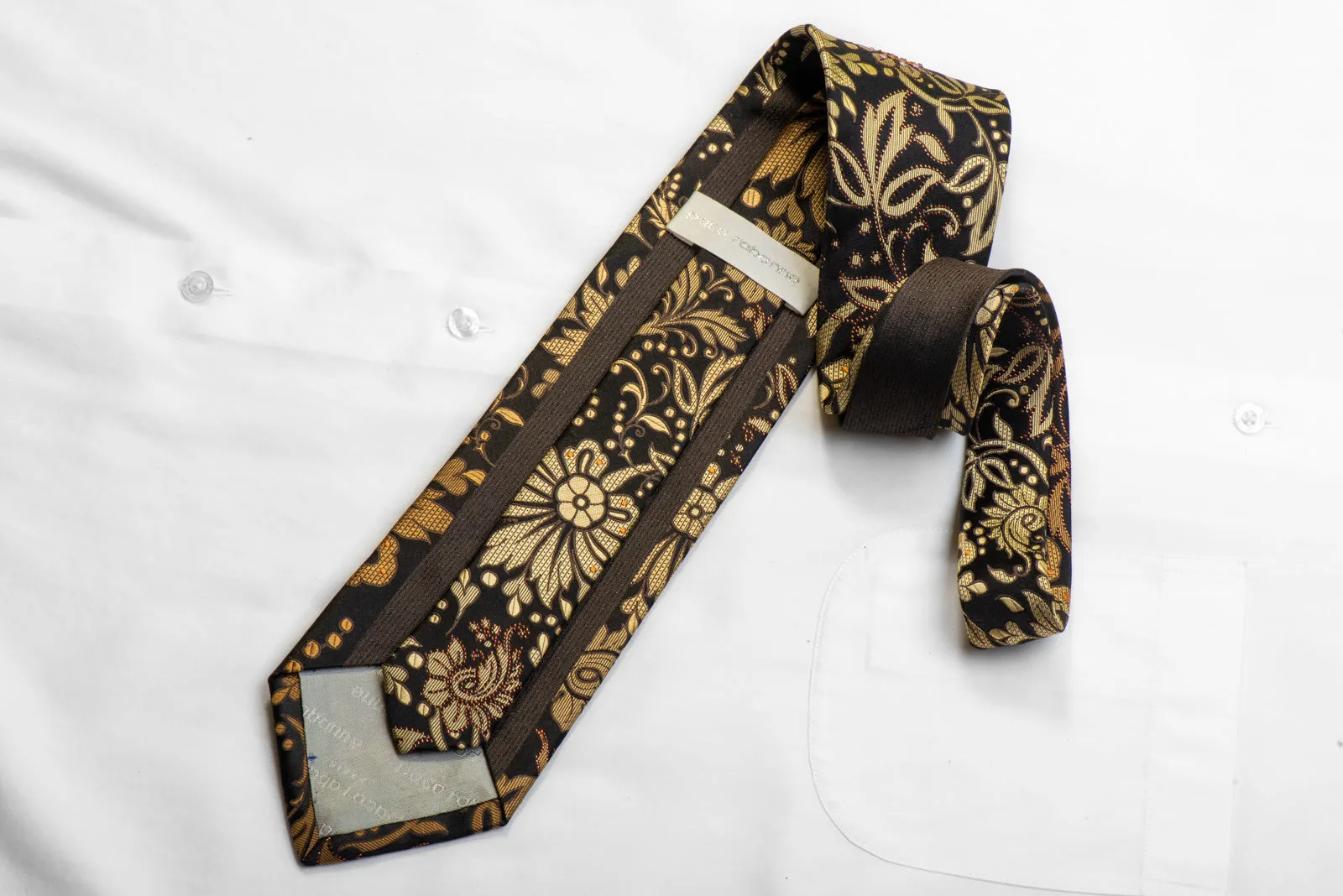 Paco Rabanne Rhinestone Silk Necktie Gold Anthemion Floral On Black With Sparkles