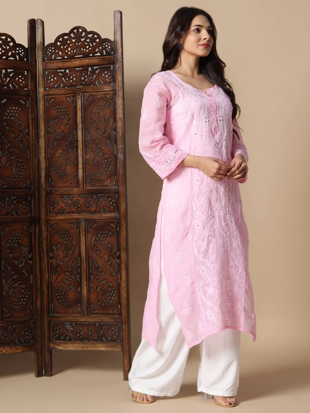 Premium Hand Embroidered Kota Doria Chikankari Kurti
