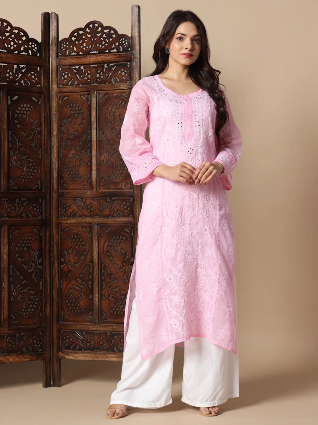 Premium Hand Embroidered Kota Doria Chikankari Kurti