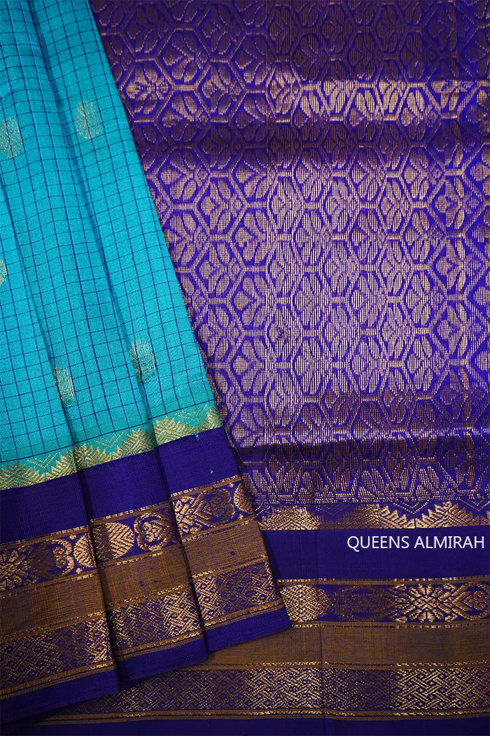 PURE KANCHI SILK COTTON - FOUNTAIN BLUE WITH PURPLE MONSTER