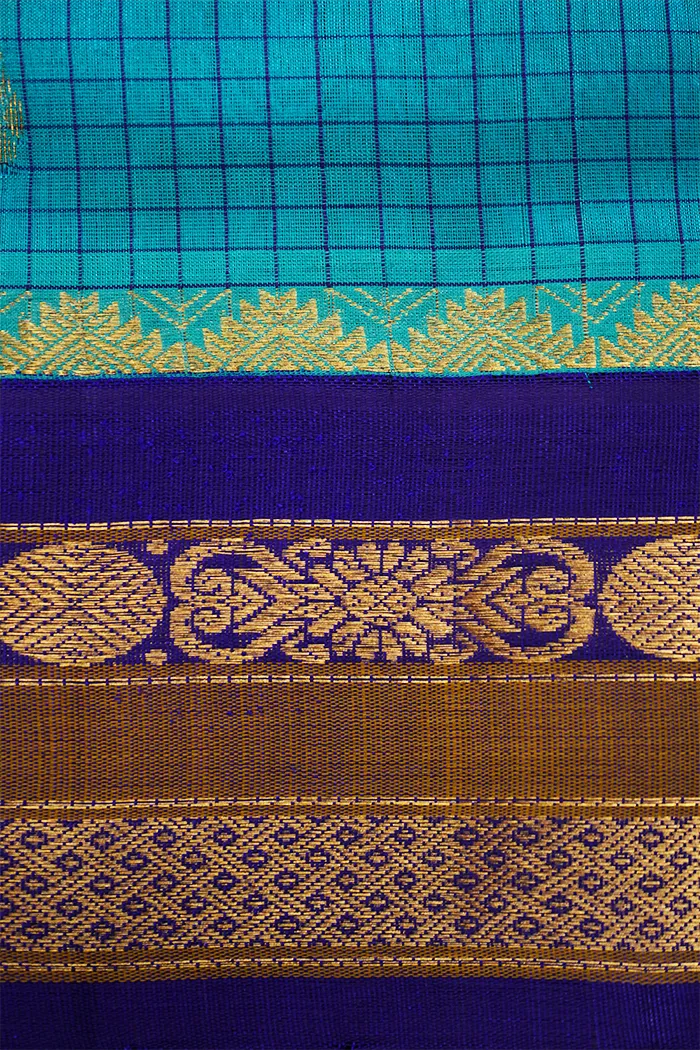 PURE KANCHI SILK COTTON - FOUNTAIN BLUE WITH PURPLE MONSTER