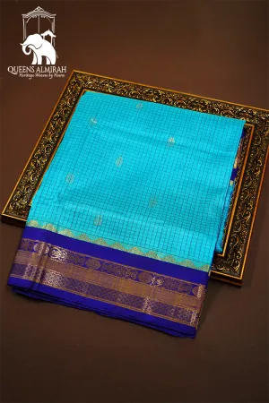 PURE KANCHI SILK COTTON - FOUNTAIN BLUE WITH PURPLE MONSTER