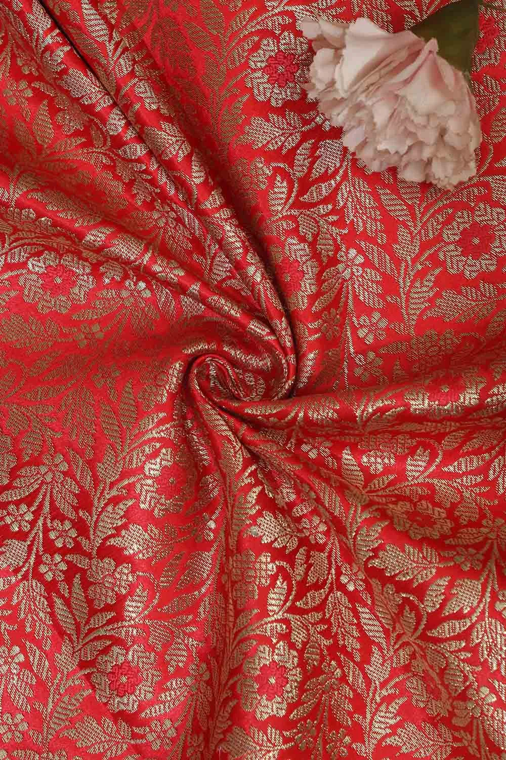 Redish Pink Banarasi Silk Satin Zari Brocade Fabric ( 1 mtr )