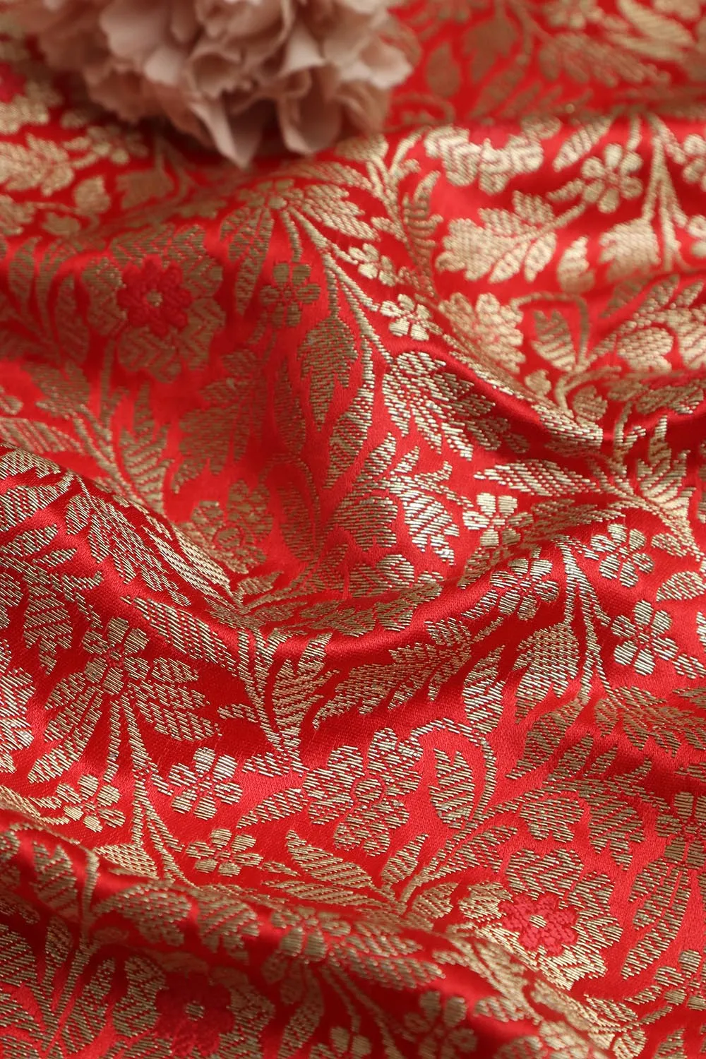 Redish Pink Banarasi Silk Satin Zari Brocade Fabric ( 1 mtr )
