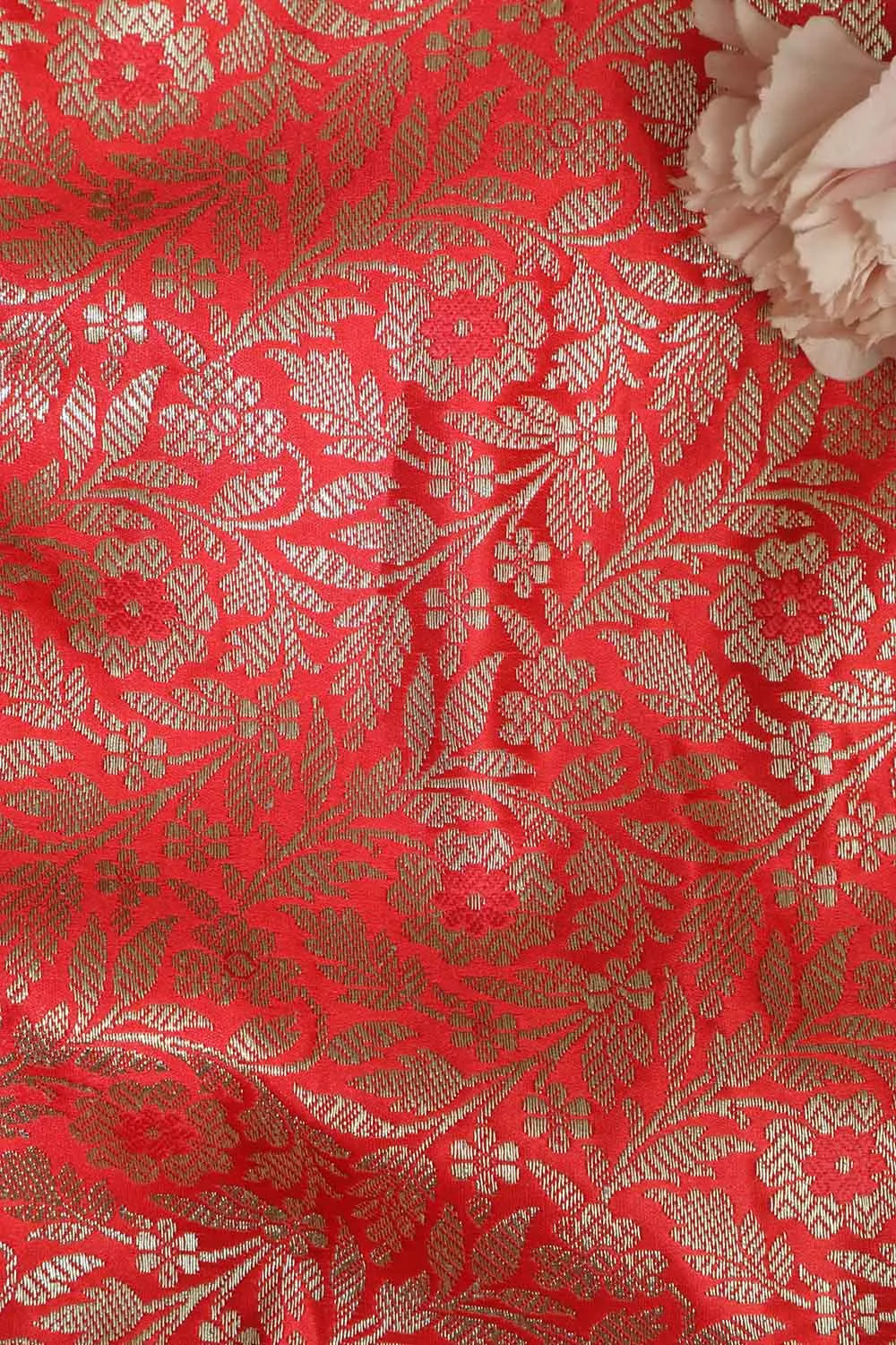 Redish Pink Banarasi Silk Satin Zari Brocade Fabric ( 1 mtr )