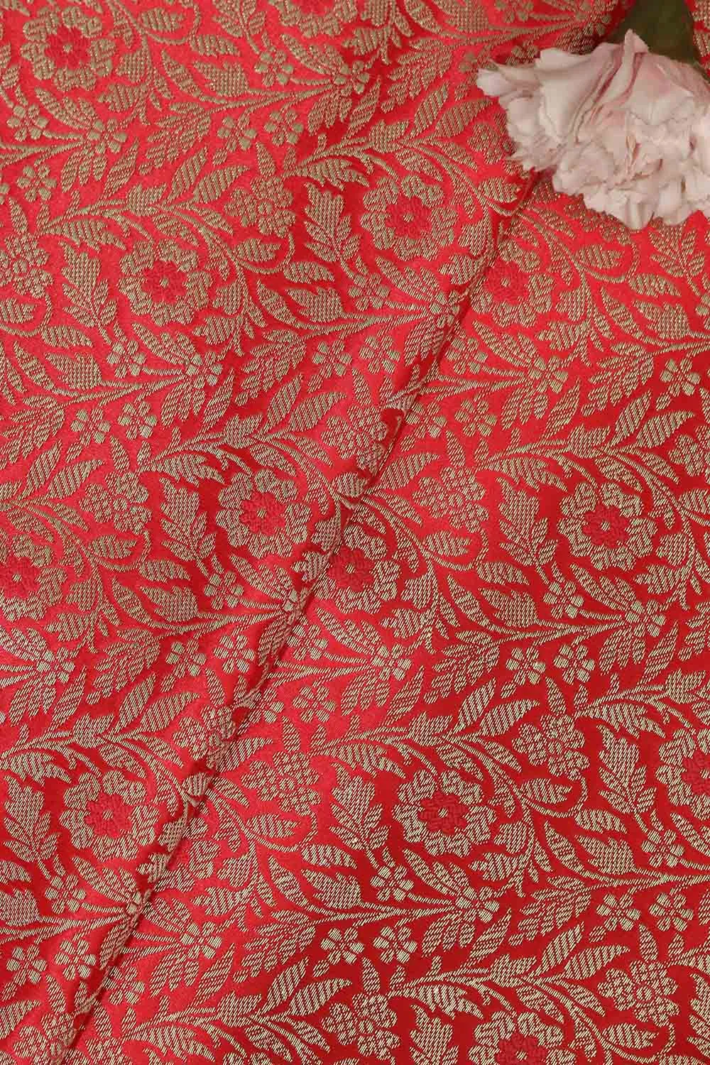 Redish Pink Banarasi Silk Satin Zari Brocade Fabric ( 1 mtr )
