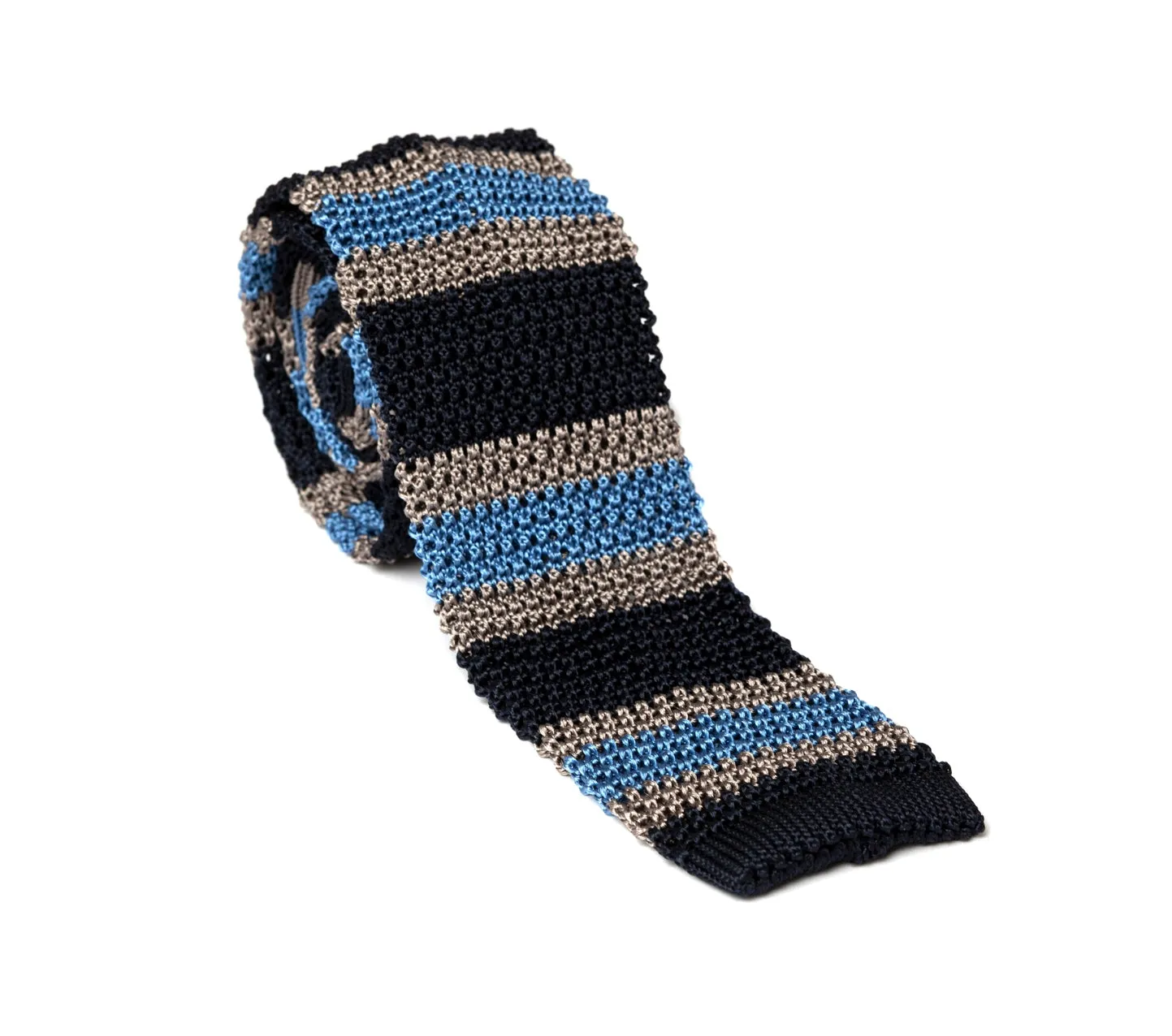 Regent  - Knitted Silk Tie - Navy, Grey and Sky Blue Stripes