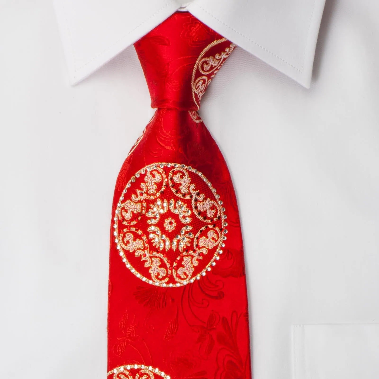 Remizio Men's Silk Rhinestone Necktie Silver Medallions On Red With Golden Sparkles