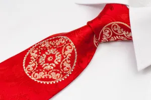 Remizio Men's Silk Rhinestone Necktie Silver Medallions On Red With Golden Sparkles