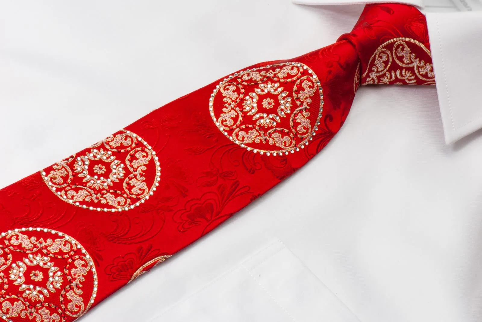 Remizio Men's Silk Rhinestone Necktie Silver Medallions On Red With Golden Sparkles