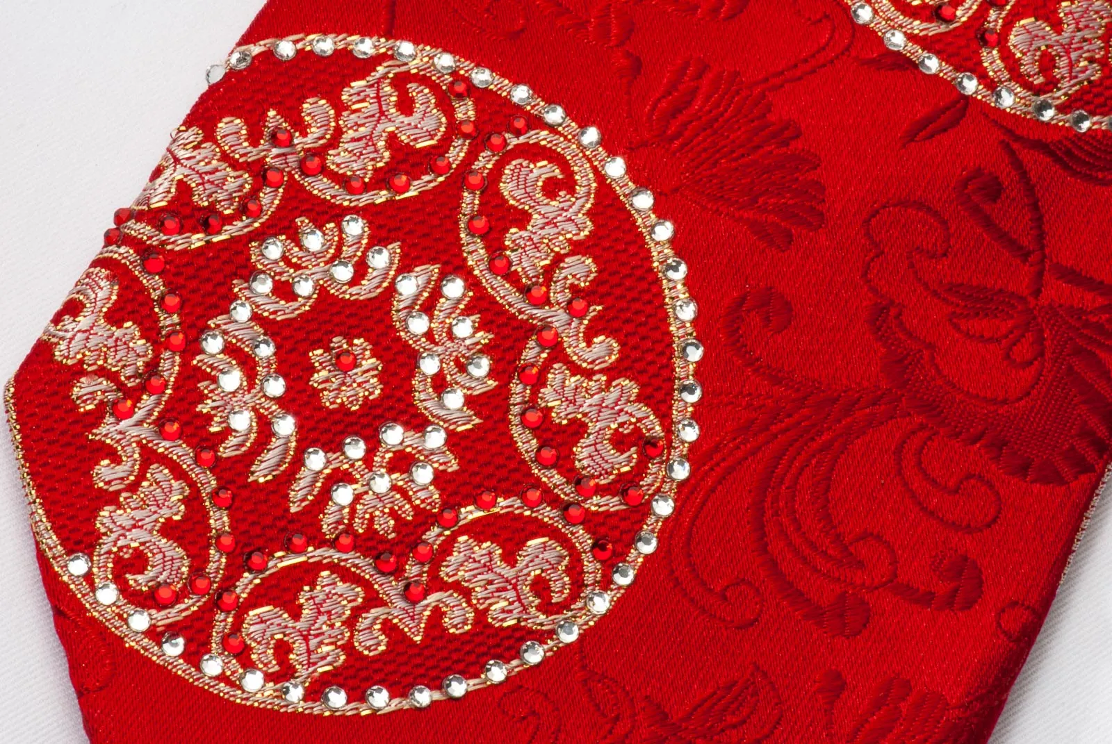 Remizio Men's Silk Rhinestone Necktie Silver Medallions On Red With Golden Sparkles