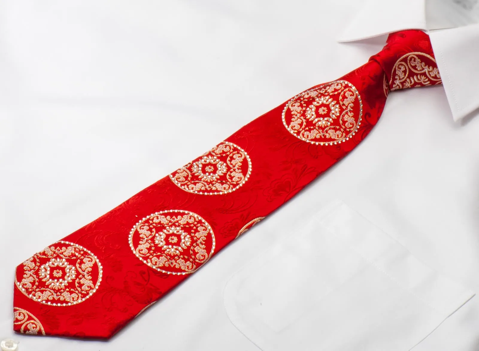 Remizio Men's Silk Rhinestone Necktie Silver Medallions On Red With Golden Sparkles