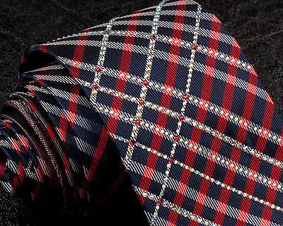 Renoma Rhinestone Silk Neck Tie Red Black Gray Plaids & Checks 3 1/2 Inch