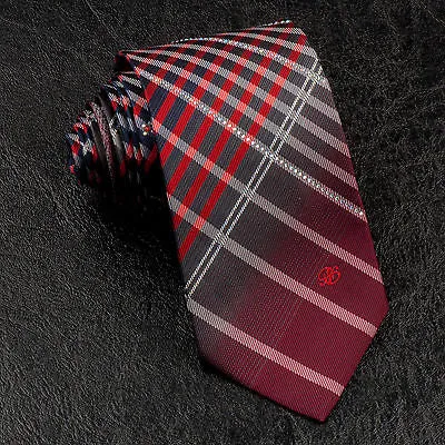 Renoma Rhinestone Silk Neck Tie Red Black Gray Plaids & Checks 3 1/2 Inch