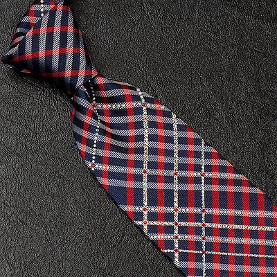 Renoma Rhinestone Silk Neck Tie Red Black Gray Plaids & Checks 3 1/2 Inch