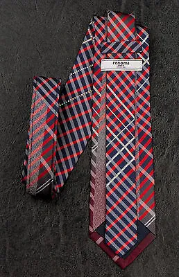 Renoma Rhinestone Silk Neck Tie Red Black Gray Plaids & Checks 3 1/2 Inch