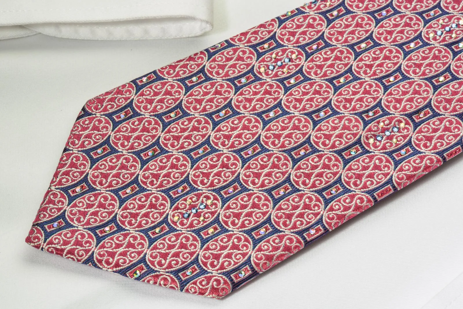 Renoma Silk Rhinestone Necktie Red Medallions On Blue Silk