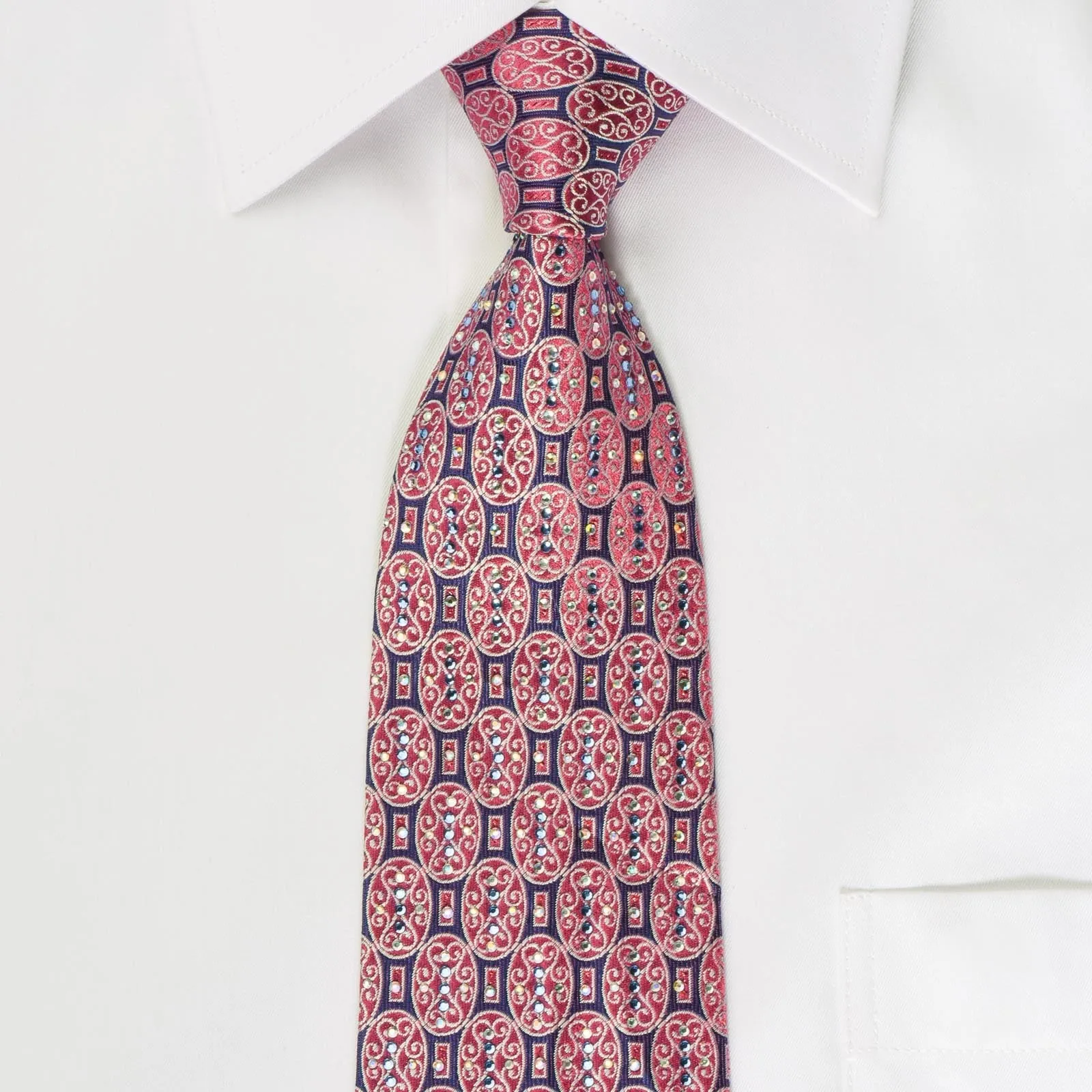 Renoma Silk Rhinestone Necktie Red Medallions On Blue Silk