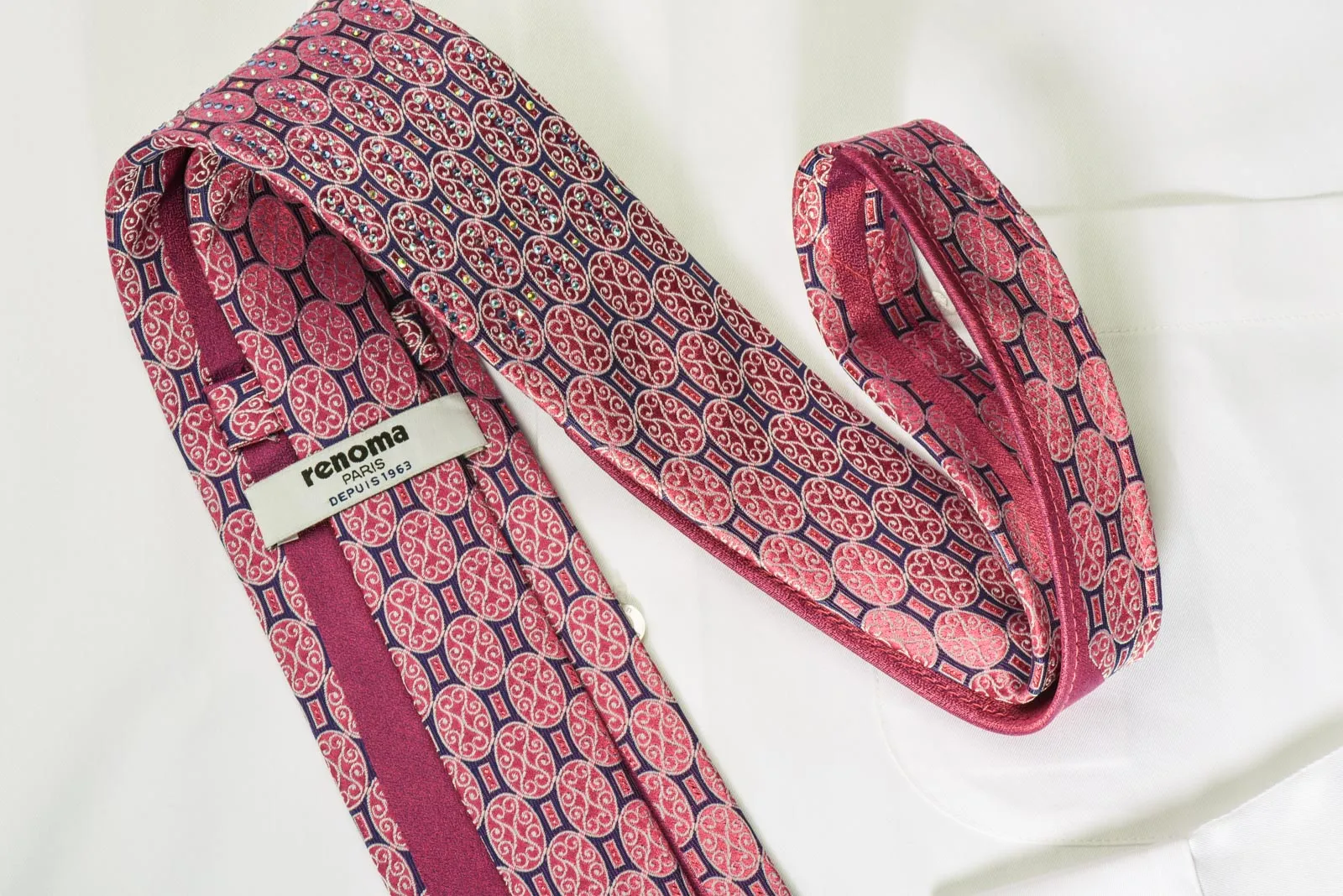 Renoma Silk Rhinestone Necktie Red Medallions On Blue Silk