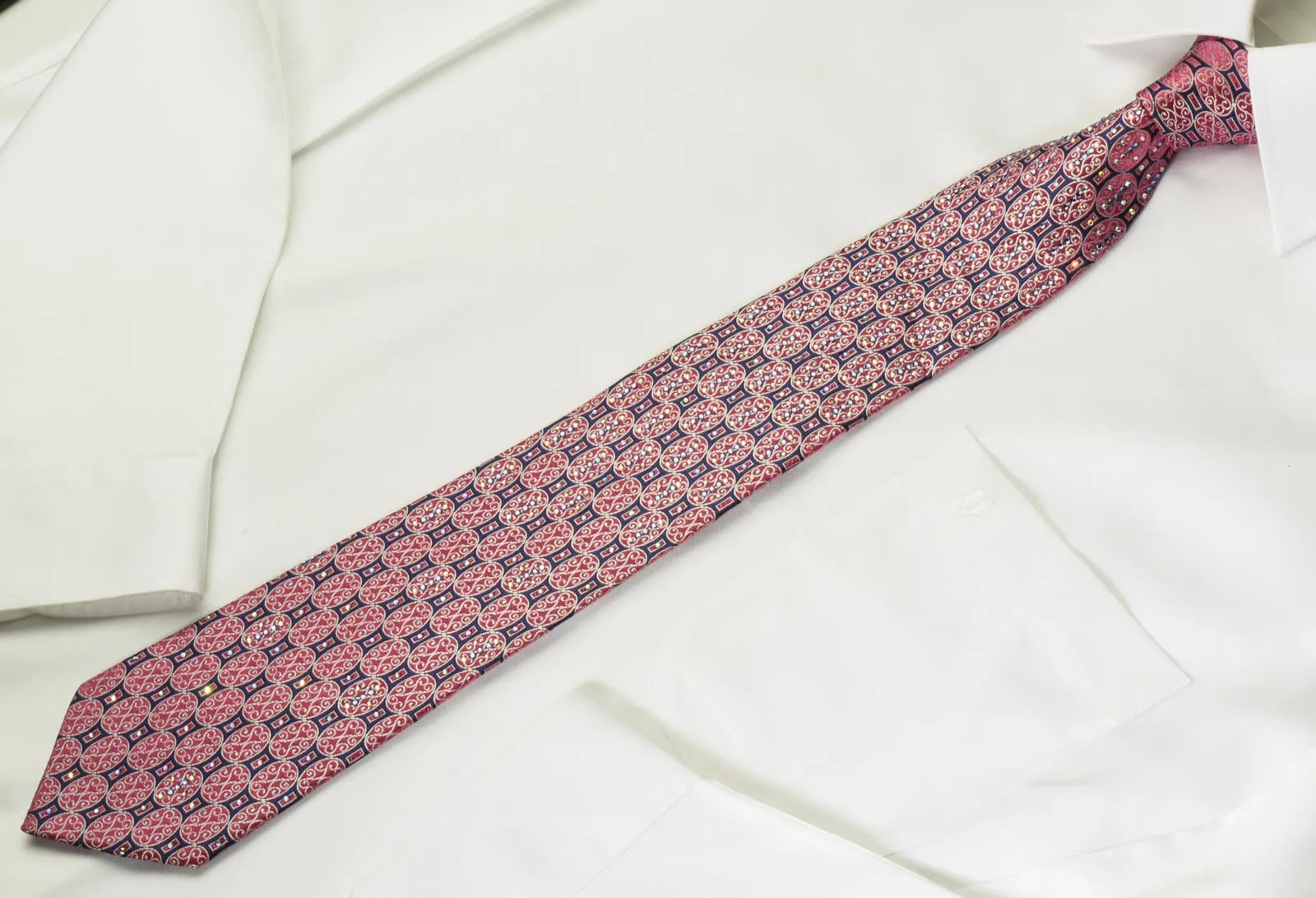 Renoma Silk Rhinestone Necktie Red Medallions On Blue Silk