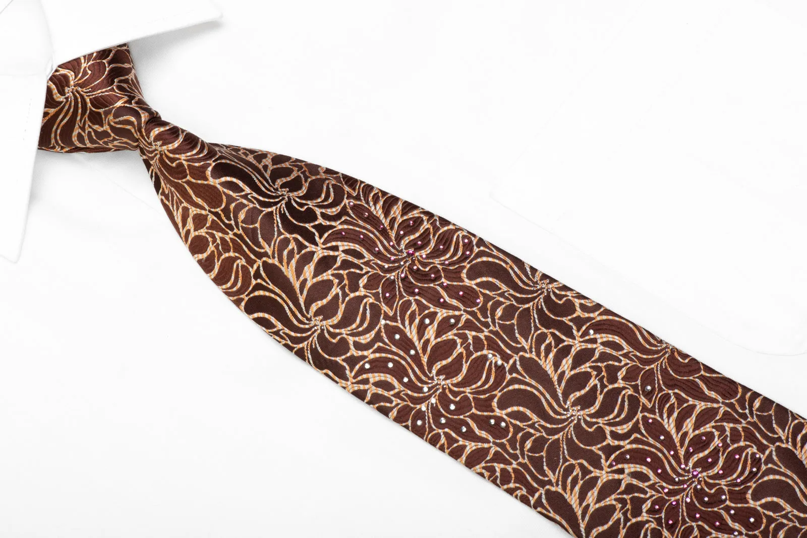 Rhinestone Silk Necktie Floral On Brown With Silver Sparkles