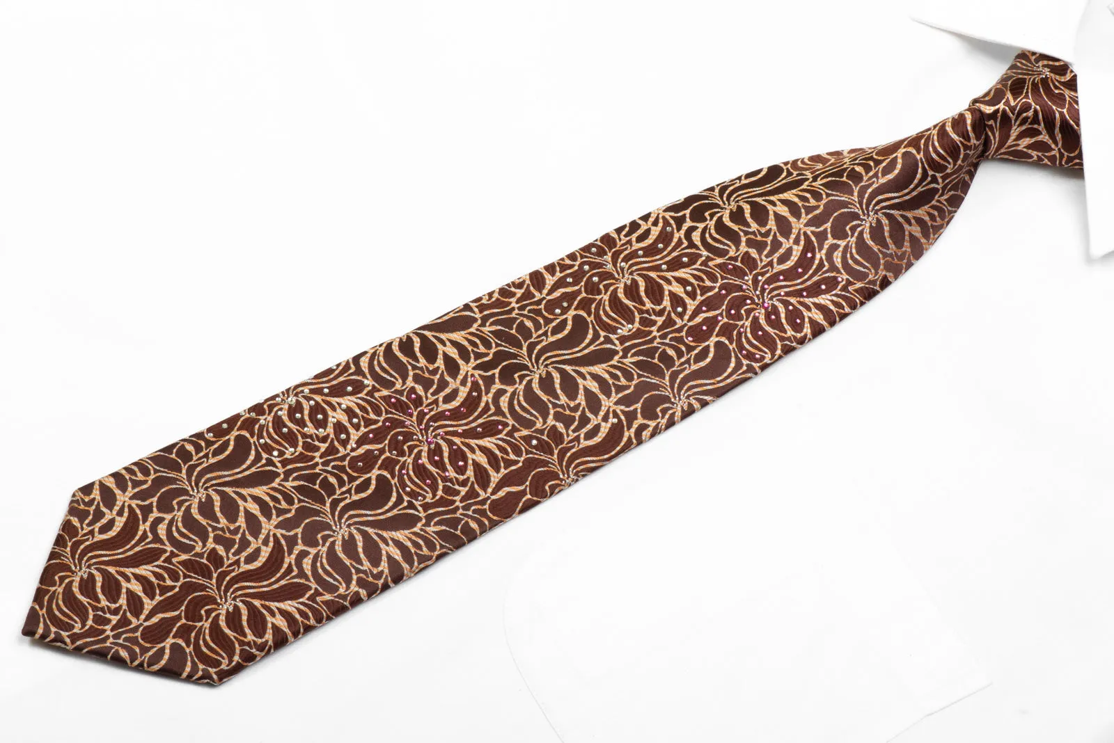 Rhinestone Silk Necktie Floral On Brown With Silver Sparkles